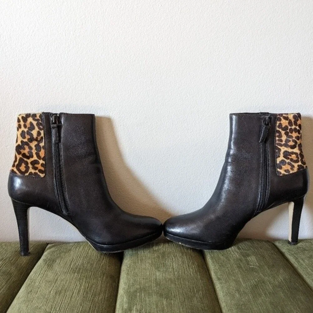 Tahari Serena Genuine Black Leather Calf Hair Leopard Print Fur Booties